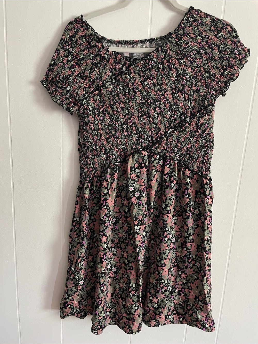 Girls Black Floral Smocked Waist Dress - Pink & Green Floral